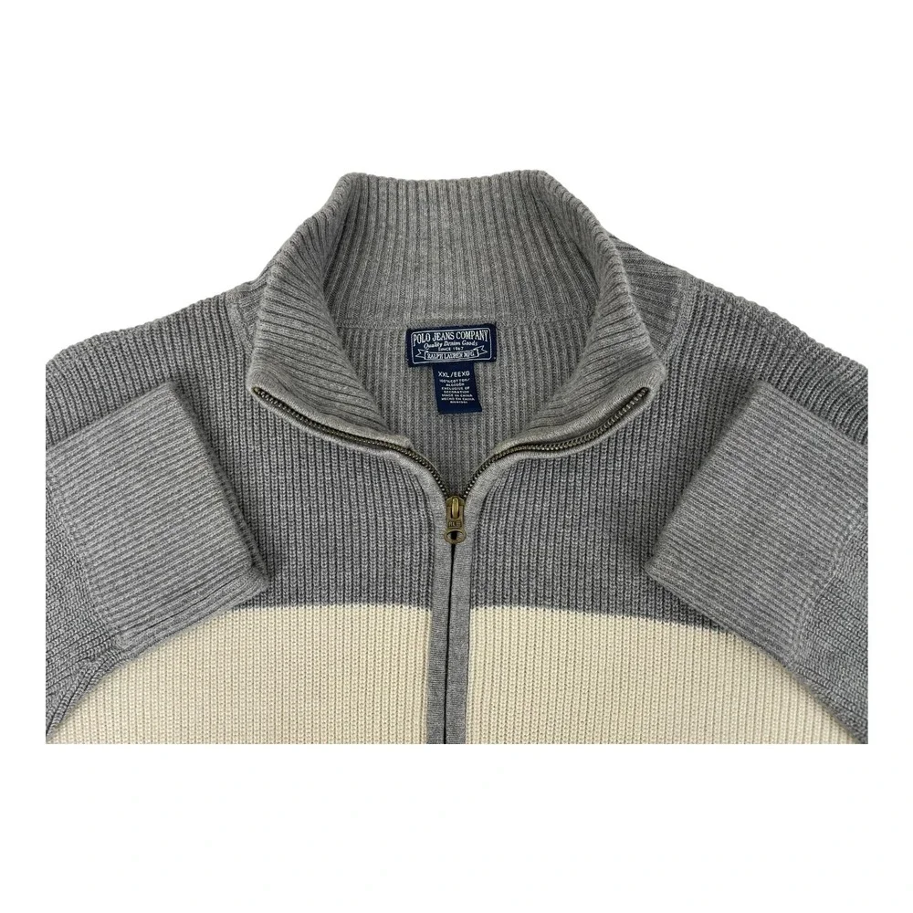 VTG POLO‎ JEANS CO Ralph Lauren Sweater Mens 2XL Qtr Zip 100% Cotton Gray Cream